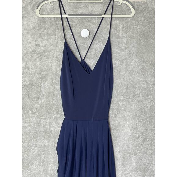 Pia Gladys Perey Formal Cocktail Dress Size 4 Navy Satin Strappy Front Slit - Picture 2 of 8